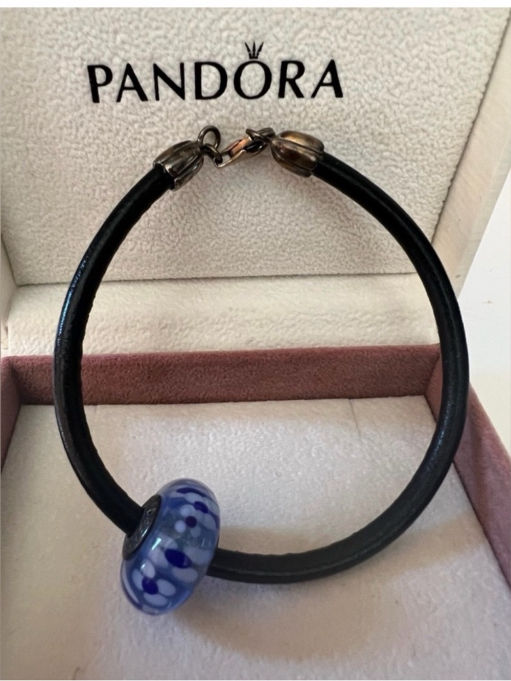 Pandora Black Leather Bracelet with Blue and White Murano-Style Charm